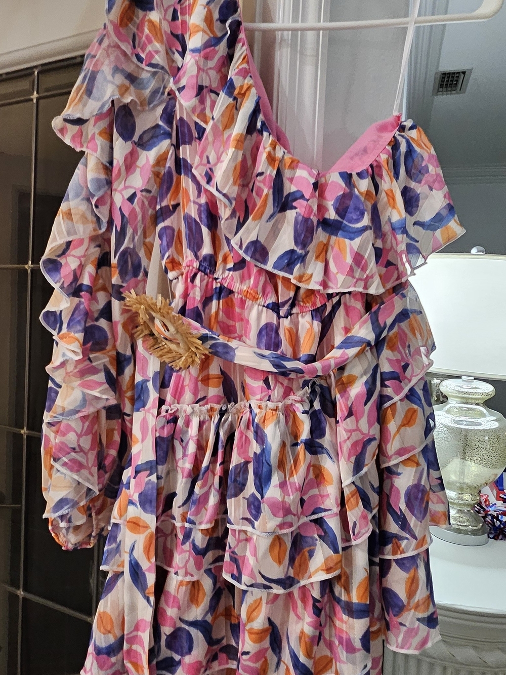 Pink Floral Ruffle Tiered One Shoulder Dress with Belt